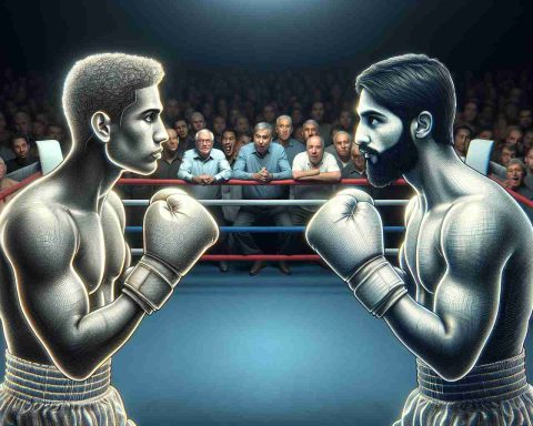 A realistic high-definition image of an astonishing meeting in the boxing arena. It features an outlined Hispanic boxer facing off against a boxer of Middle-Eastern descent. They are both in their boxing attire, in the middle of the ring, sparking surprise and rumors with their intense gaze. Surrounding them is a crowd full of anticipation and excitement, transforming the unexpected encounter into a spectacle.