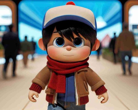 HD image of a young boy with black hair, who is portraying a cartoon character resembling Stan from a sentient place in the south. He is wearing a red scarf, blue hat, light brown coat, and dark brown pants. They're in a futuristic setting where everything is powered by artificial intelligence. It's a convergence of traditional charm and the unplug circumstances of the future.