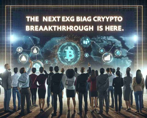 High-definition realistic image of a group of diverse investors, men and women of Caucasian, Hispanic, Black, Middle-Eastern, and South Asian descents who are shifting their focus towards a large screen. The screen displays glowing text that reads, 'The Next Big Crypto Breakthrough is Here' with graphical representation of digital tokens and blockchain technology.