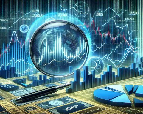 A high-definition, highly detailed image of a conceptual representation of cryptocurrency market fluctuations - specifically, XRP's volatile trends. The scene encapsulates various graphical finance elements, such as line graphs, bar charts, and pie charts, denoting changes in XRP's value over time. Within this financial storm, a magnifying glass is focused on an area of a graph, symbolising the discovery of hidden market signals. The background should be stylized as a digital matrix, with binary numbers subtly flowing, representing the digital and electronic essence of the cryptocurrency.