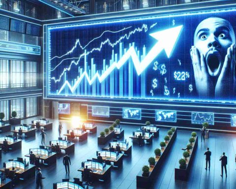 Generate a realistic HD photo representing a surprising stock market surge. The image should depict a futuristic stock exchange in 2025 with big screens showing extraordinary gains, drawing astonishment and excitement within the trading floor.