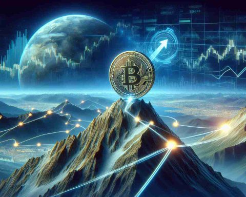 A realistic, high-definition image depicting the concept of Bitcoin readiness for a new milestone. The imagery should convey potential surprising moves. Consider portraying a digital Bitcoin coin on the cusp of a mountain peak, looking over various pathways it could take forward, each representing a different potential move. Include faint elements of charts and graphs, indicating the unpredictability of its future direction.