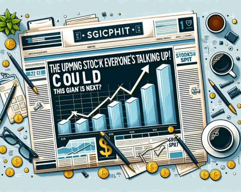 Create a photo-like illustration showing a prominent financial newspaper headline that reads 'The Upcoming Stock Split Everyone’s Talking About! Could This Giant Be Next?' The piece of newspaper should be on a table surrounded by elements that symbolize the stock market, like a graph with upward and downward arrows, coins, and a cup of coffee. The overall vibe should look like a day trader's workspace. Maintain a high-definition and realistic quality.