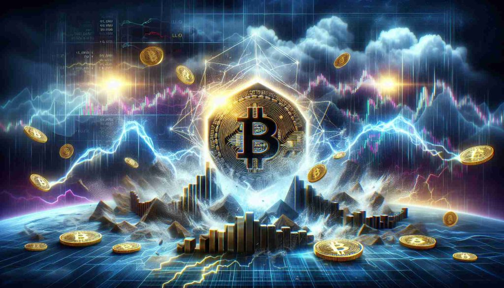 Generate a realistic and high-definition image that visualizes the concept of a 'cryptocurrency' known as 'Rollblock' potentially causing a major upset in the crypto scene. Illustrate this concept through the element of a stormed, tumultuous financial market, with elements such as graphs, coins, and digital interfaces indicating an explosive potential. Please note that this is a metaphorical representation and not a prediction of future financial events.