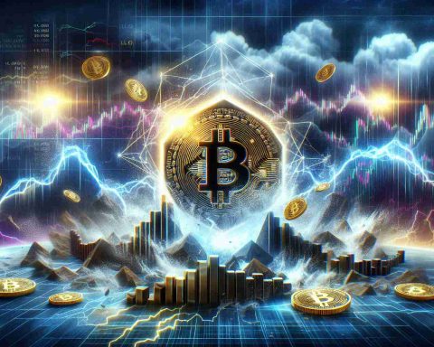 Generate a realistic and high-definition image that visualizes the concept of a 'cryptocurrency' known as 'Rollblock' potentially causing a major upset in the crypto scene. Illustrate this concept through the element of a stormed, tumultuous financial market, with elements such as graphs, coins, and digital interfaces indicating an explosive potential. Please note that this is a metaphorical representation and not a prediction of future financial events.