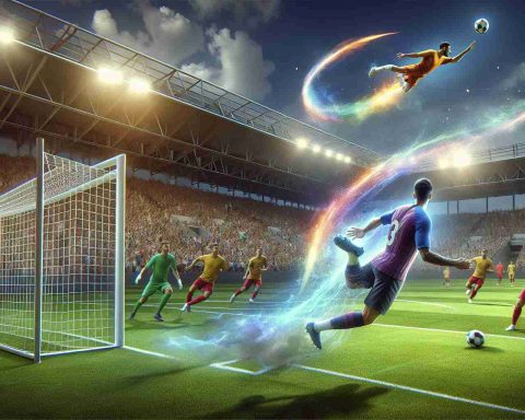 Generate a highly realistic image depicting the future of soccer scoring techniques, inspired by the new methods introduced by an innovative player. The image should depict a dynamic scene on the soccer field where the player, characterized by his unmatched agility and precision, maneuvers the ball past opposing defenders towards the goal. The surrounding environment should be filled with spectator stands, lush green field, white goal post, and soccer players in vibrant uniforms.