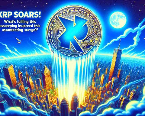 Detailed and vibrant image of the digital graphic representation of the XRP cryptocurrency, soaring up into a bright blue sky that echoes optimism and growth. Beside it, text conveying 'XRP Soars! What’s Fueling This Astounding Surge?' hints at a mysterious and exhilarating cause behind this unexpected upturn. The overall image should feel energetic and full of momentum. The graphical elements should add depth and dimension to this financial success story, emphasizing a feeling of astonishment and wonder.