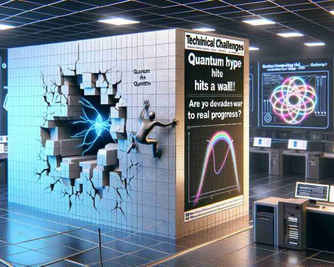 A high-definition, realistic image showing a metaphorical representation of the quantum computing field. There's a large wall at the center, labelled 'Technical Challenges', showing cracks where the wall has been repeatedly hit. Nearby, an abstract symbol for 'innovation' is shown struggling to climb over the wall. A headline in bold text reads: 'Quantum Hype Hits a Wall! Are We Decades Away from Real Progress?' The scene is set in a futuristic tech lab background, filled with computers and quantum physics diagrams to represent the current state of research.