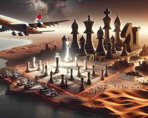 Realistic high-definition image depicting a conceptual representation of Morocco's military influence shaping North Africa, illustrated through an abstract map with dominating chess pieces symbolizing strategic moves. To the side, an innovative step in aerospace could be depicted as futuristic aircraft departing from a Moroccan desert, symbolizing Morocco's ambitions in aerospace industry.