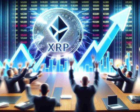 A high-definition, realistic representation of a buzzing stock market chart going up where the main focus would be on the XRP cryptocurrency potentially hitting a value of $15.