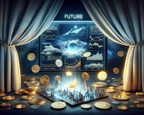 A realistic high-definition image depicting the concept of the future of cryptocurrencies. Imagine a digital representation showcasing charts, graphs and infographics visually interpreting potential future trends in the crypto market. Richly detailed elements such as virtual coins, statistics, and perhaps data visualization screens make up the scene. Emphasize on the 'revealing' aspect with a dramatic representation, like a curtain being pulled back to reveal a screen showcasing CoinMarketCap information.