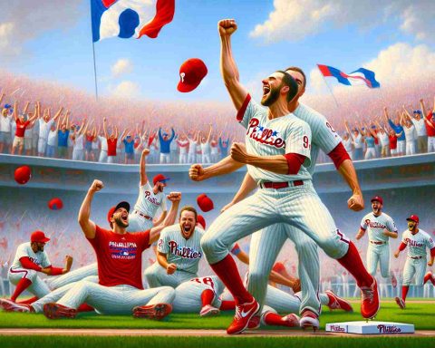 Generate an image depicting a high definition, realistic picture of a joyous baseball game moment. Envision Philadelphia Phillies achieving a victory, with ecstatic players on the field and jubilant crowd, symbolizing a bright future for the team. Please maintain a broad interpretation to sidestep specific players.