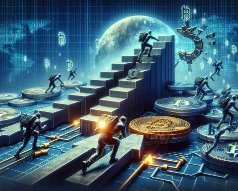 Generate a high-definition realistic image representing the conceptual challenges faced by a cryptocurrency exchange platform in dealing with another digital electronic currency. The image could symbolize the hurdles and complexities often associated with such business interactions in the cryptocurrency market.