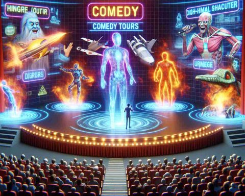 A comprehensive image demonstrating the future of comedy tours through the use of realistic, high-definition holograms. In this scene, the emphasis is solely on the advanced technology, showcasing a stage that is set ablaze with colorful projections of non-human animated characters. The holograms are seen performing, inducing laughter among the hypothetical audience, thus illustrating a revolutionary approach towards entertainment and comedy.