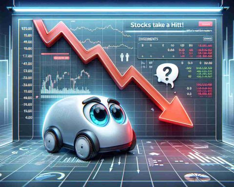 Realistic high-definition illustration of a dropping stock market graph, symbolizing a decline in the stocks of an electric vehicle company. The graph has a red falling line indicating the loss. There is a curious eyes emoji next to the chart, expressing concern. The background is filled with financial related symbols and charts. Emblazoned across the top is a text headline that reads 'Stocks Take a Hit! What's Next for Investors?'.