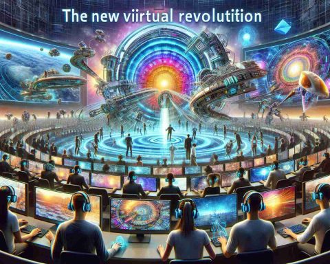 A highly detailed, realistic image showing the new virtual revolution. It depicts the transformation of the Metaverse. The scene includes users engaged with innovative virtual reality equipment, demonstrating how these tools are reshaping the interface o virtual landscapes. An array of computer screens displaying different parts of the Metaverse, with vibrant colors and intricate designs. Users of diverse descents and genders are seen interacting with the system using advanced VR headsets. The depiction emphasizes advanced technology, futuristic ambiance, and collaborative interaction within the digital realm of the Metaverse.