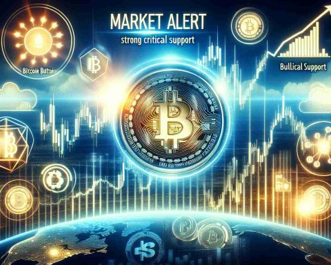 Create a realistic high-definition image that symbolizes the concept of a 'Market Alert,' highlighting Bitcoin's strong critical support. It should depict optimism and suggest a potential recovery on the horizon. Include financial symbols and visuals like bullish chart patterns, glowing Bitcoin graphics, and possibly a rising sun in the background to represent hope and growth.