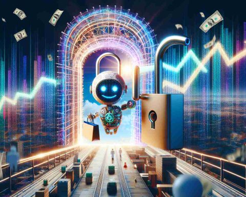 Highly detailed, realistic image representing the theme 'Unlock the Future: AI Stock Opportunities Await'. This image may contain elements such as an intricate futuristic lock mechanism opening or a door leading to an advanced cityscape symbolizing future opportunities. There is also an AI mascot, looking enthusiastic and welcoming, holding a graph demonstrating upward trends in stocks. The entire scene is filled with bright, vibrant colours demonstrating positivity and excitement for the future. The keywords for this prompt are: future, AI, stocks, opportunities, advancement, and enthusiasm.