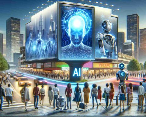 A high-definition digital image in a realistic style depicting the concept of 'Revolutionizing Advertisements: The AI-Driven Future is Here'. Picture a well-detailed scene with futuristic billboards incorporating AI technology, displaying moving holographic ads in a bustling cityscape. The atmosphere is imbued with an advanced digital aura. Illustrate AI machines or robots standing nearby, analyzing the audience's reactions and adapting the adverts in real-time. The foreground also includes pedestrians from varied descents such as Black, Caucasian, Middle-Eastern and Hispanic of both genders, reacting to these innovative advertisements in awe and curiosity.