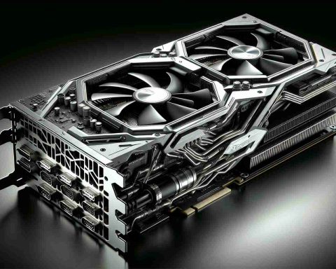 A detailed, high-definition image of a next-generation graphic processing unit (GPU). The GPU is sleek, with futuristic design elements, possibly resembling what the RTX 5090 might look like. The GPU is seen from a dynamic perspective, revealing multiple layered sections, a large cooling unit with complex fin arrays and a pair of fans. Professional-grade connectors are visible at the end. The name 'RTX 5090' is emblazoned boldly on the side, in stylized, metallic text.