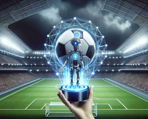 A high-definition, realistic image presenting the technological revolution taking place in football. Depict an AI device demonstrating a new method or approach which is changing the game of football, on the backdrop of a massive, stadium-like setting indicative of a prestigious football club.