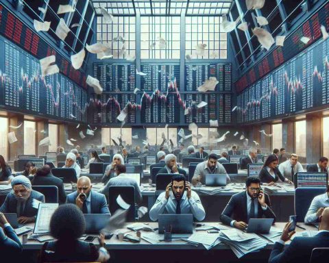 Create a realistic HD image depicting 'Market Meltdown: A Rough Day for Investors'. In this image, visualize a room in a stock exchange on a turbulent day with data screens showing declining stocks. Show an array of diverse traders, including a Middle-Eastern man, a South Asian woman, a Black woman, a Hispanic man and Caucasian man, all displaying anxious expressions. Please enhance the sense of frenzy and stress with papers flying around, phones ringing incessantly and a tense atmosphere.