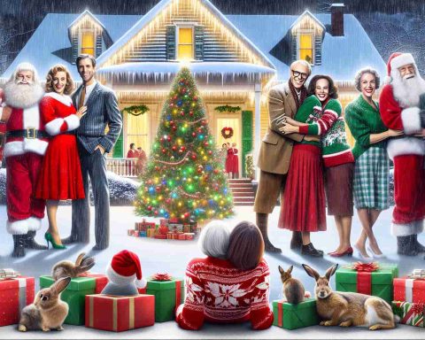 Create a realistic and high-definition image that accurately represents a generic popular holiday film that has had a significant impact on Christmas traditions. The image should also depict why this movie is widely adored, maybe by displaying iconic scenes, or symbols associated with the theme of love, joy, and holiday camaraderie.