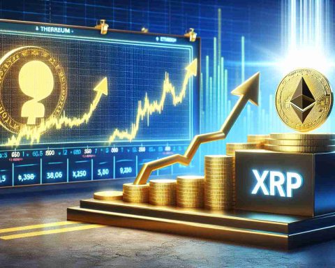 Generate a high-definition, realistic image representing the concept of the cryptocurrency XRP possibly surpassing Ethereum. The visualization should contain elements of excitement and possibility such as a graphical representation of XRP's value rising above Ethereum on a stock market chart, golden coins representing XRP, Ethereum logo on a lower podium, a road sign indicating a potential change ahead or anything that may symbolize one surpassing the other.