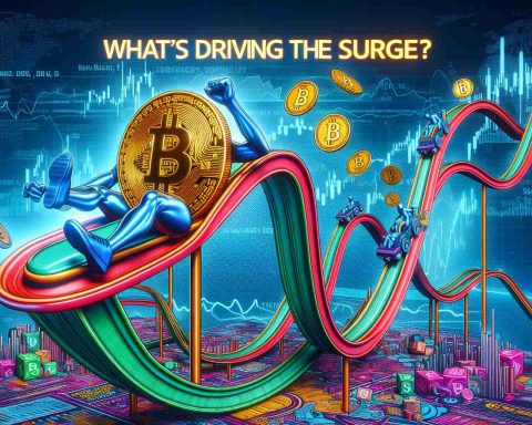 A realistic, high definition picture of a personified representation of Bitcoin, designed with vivid colors, riding up a dynamic roller coaster. The surrounding area is crowded with other symbolic financial elements. At the top of the image, the text reads: 'What's Driving the Surge?' The overall design represents the volatility and fluctuation of the financial market.