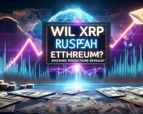 Visually stunning and realistic HD image of a headline that reads 'Will XRP Surpass Ethereum? Shocking Predictions Revealed'. Behind the text, the background displays a dramatic rise in graphs and charts, symbolizing the volatile nature of cryptocurrency.