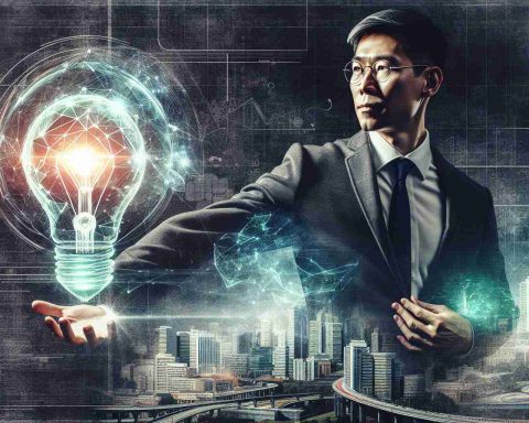 A detailed high definition representation of a tech company leader taking significant action. The CEO, an East Asian man, is depicted in a dynamic pose, emphasizing his courage and forward-thinking attitude. He's seen choosing a holographic representation of innovation, symbolized through a radiant lightbulb, over a dull grey governmental building, representing politics. The overall atmosphere conveys a strong determination to prioritize advancements and break-throughs over governmental affairs.