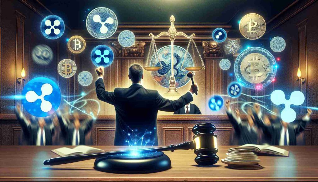 A high definition, realistic image that signifies a legal triumph in the cryptocurrency world. It is related to the ripple effect in this context. Please depict an authoritative figure in a courtroom, holding up a symbolic gavel. Among them, show an abstract representation of various cryptocurrencies in the room, portraying excitement, movement, and dynamism signifying victory. There should be clearly represented symbols of legal justice, such as the scales of justice, which are gleaming brightly.