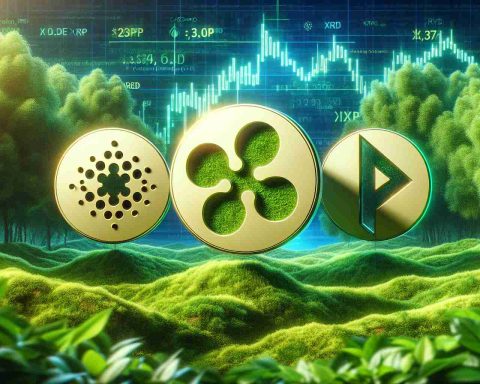 Realistic high-definition image of symbolic icons representing a green revolution in the world of cryptocurrency. The visualization includes the symbols for Cardano, XRP, and Remittix arranged in a way that reflects their effort in redefining sustainability. The backdrop can be a combination of lush greenery and digital elements to show the blend of nature and technology.