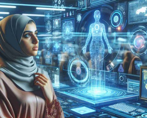 Create a photorealistic, high-definition image set in the future. Depict a technologically advanced environment with elements such as holograms, futuristic screens, AI interfaces, and other digital innovations. In the center, have a woman named Maria, who is Middle-Eastern and appears in awe as she gauges the overwhelming technological prowess around her.