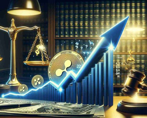 Realistic high-definition image representing a symbolic view of Ripple's XRP cryptocurrency surging past the value of $3. Showcase this by portraying a dynamic upward trend graph in a financial setting. The graph's line shoots up dramatically, signifying the surge. Also incorporate imagery suggesting legal challenges, such as a gavel or scales of justice subtly present in the background, hinting at the regulatory struggles the cryptocurrency faces. Finally, include a question mark signifying the caption 'Will it Change the Crypto Game?' indicating the uncertainty and potential future effects on the cryptocurrency market.