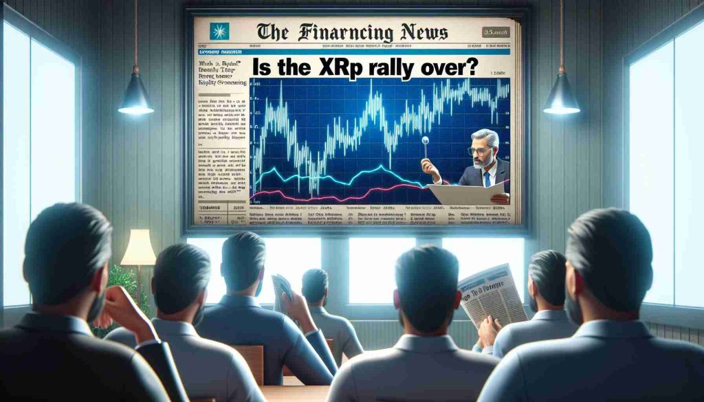 A realistic HD image presenting the concept of a financial market going through a change with the question 'Is the XRP Rally Over?' as a headline in a financial news article. It depicts investors showing signs of worry and uncertainty. It also includes a graph showcasing the recent tough scenarios in the market.