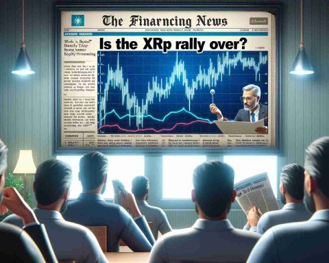 A realistic HD image presenting the concept of a financial market going through a change with the question 'Is the XRP Rally Over?' as a headline in a financial news article. It depicts investors showing signs of worry and uncertainty. It also includes a graph showcasing the recent tough scenarios in the market.